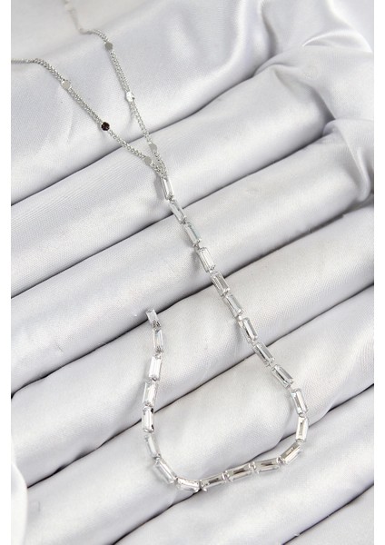 Pirinç Zirkon Taşlı Model Gümüş Renk Y Kolye - TJ-BKO10451