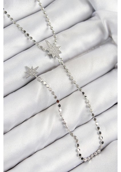 Pirinç Zirkon Taşlı Ezme Zincirli Kutup Yıldızı Model Gümüş Renk Y Kolye - TJ-BKO10462