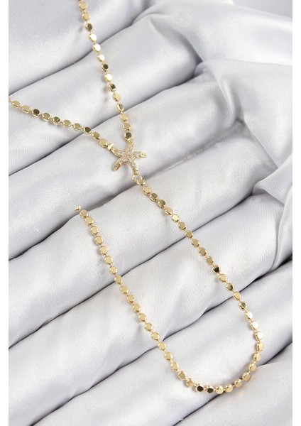 Pirinç Zirkon Taşlı Ezme Zincirli Deniz Yıldızı Model Gold Renk Y Kolye - TJ-BKO10467