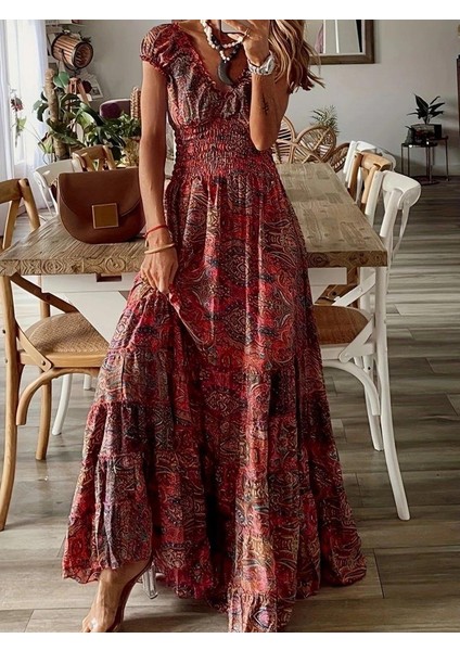 Kadın Kısa Kollu Kruvaze Yakalı Desenli Maksi Boy Süprem Elbise