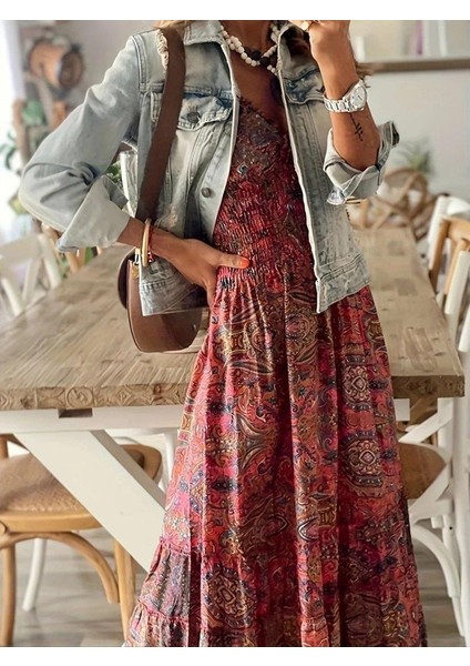 Kadın Kısa Kollu Kruvaze Yakalı Desenli Maksi Boy Süprem Elbise fiyatları