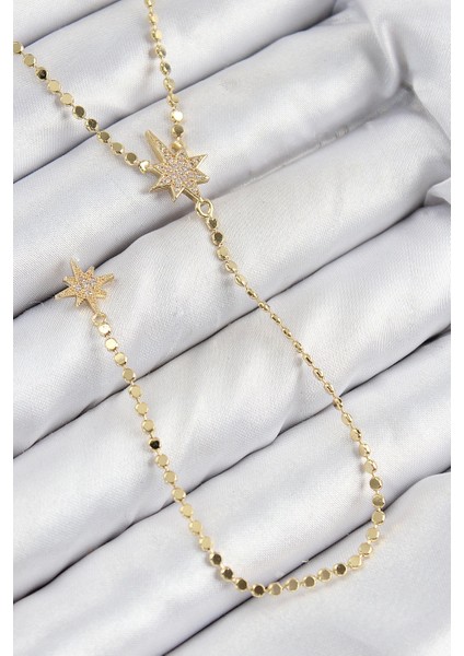 Pirinç Zirkon Taşlı Ezme Zincirli Kutup Yıldızı Model Gold Renk Y Kolye - TJ-BKO10463