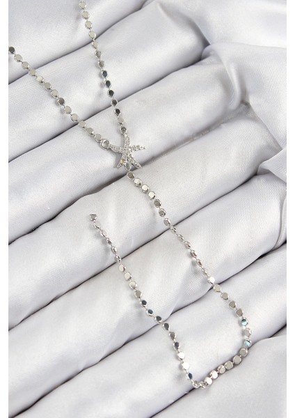 Pirinç Zirkon Taşlı Ezme Zincirli Deniz Yıldızı Model Gümüş Renk Y Kolye - TJ-BKO10466