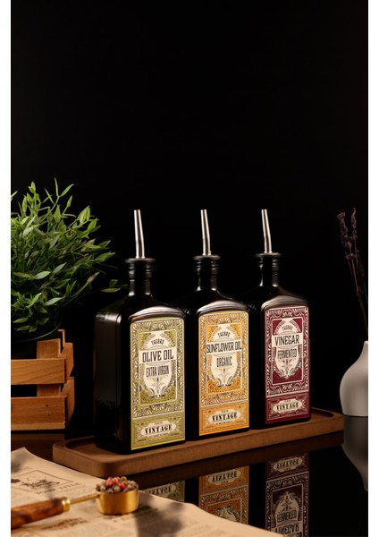 500ML Ahşap Stantlı New Premium Zeytinyağı,ayçiçekyağı ve Sirke Şişesi 3'lü Set modelleri