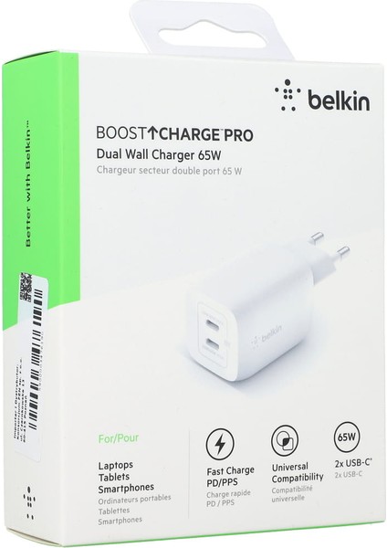 Boost Pro Duvar Şarj Cihazı Çift Usb-C Pd 3.0 Pps Gan 65W, Beyaz indirimleri