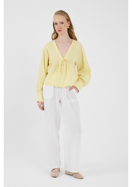 Sarı %100 Pamuk V Yaka Ön Bağlama Detaylı Bluz 4784A modelleri