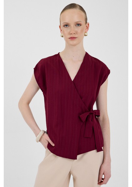 Bordo Kruvaze Yaka Bağlama Detaylı Bluz 8025A