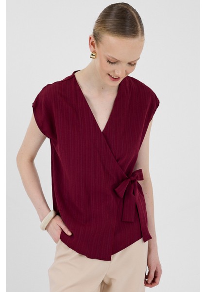 Bordo Kruvaze Yaka Bağlama Detaylı Bluz 8025A fırsatları
