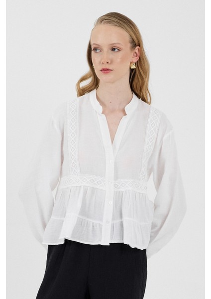 Beyaz %100 Pamuk Dantel Detaylı Müslin Gömlek 4823A