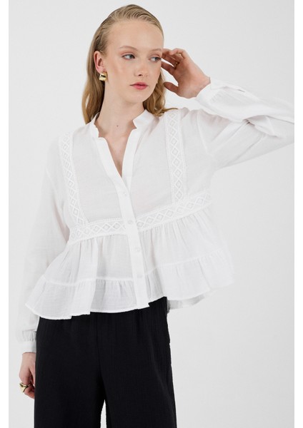 Beyaz %100 Pamuk Dantel Detaylı Müslin Gömlek 4823A fırsatları