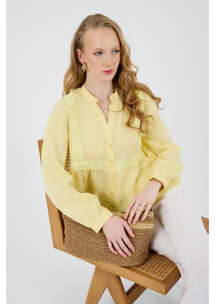 Sarı %100 Pamuk Dantel Detaylı Müslin Gömlek 4823A