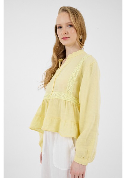 Sarı %100 Pamuk Dantel Detaylı Müslin Gömlek 4823A fiyatları