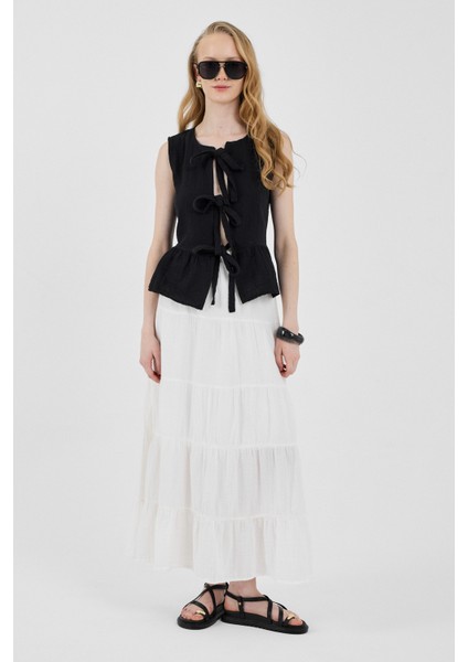 Siyah %100 Pamuk Müslin Fırfır ve Bağlama Detaylı Bluz 4827A modelleri