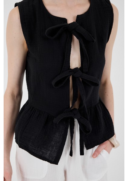 Siyah %100 Pamuk Müslin Fırfır ve Bağlama Detaylı Bluz 4827A fırsatları