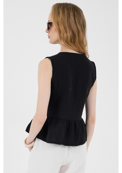 Siyah %100 Pamuk Müslin Fırfır ve Bağlama Detaylı Bluz 4827A indirimleri
