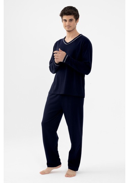Erkek Pamuklu Uzun Kollu Ara Biyeli Cep Detaylı Pijama Takımı modelleri