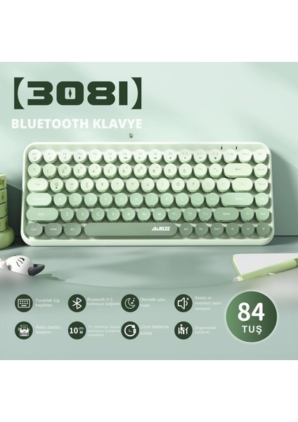 Kablosuz Bluetooth Retro Sessiz Klavye – Yuvarlak Tuşlu, Kedi Süs Aksesuarı, 84 Tuşlu, Taşınabilir, Akıllı Uyku Modu, Ergonomik Tasarım, Tablet Telefon Uyumlu, Ajazz AJ308I Yeşil fiyatları