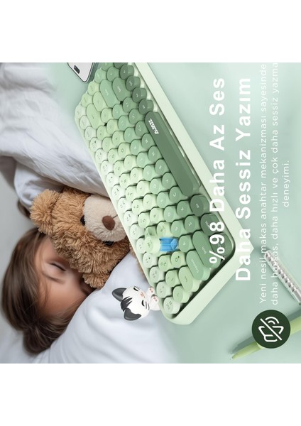 Kablosuz Bluetooth Retro Sessiz Klavye – Yuvarlak Tuşlu, Kedi Süs Aksesuarı, 84 Tuşlu, Taşınabilir, Akıllı Uyku Modu, Ergonomik Tasarım, Tablet Telefon Uyumlu, Ajazz AJ308I Yeşil modelleri