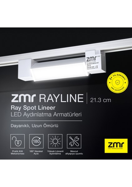 Rayline Opak Beyaz 10W 21.3 cm 3000K Crı 90 Pratik Kilit Mekanizması Ray Spot Lineer LED Aydınlatma