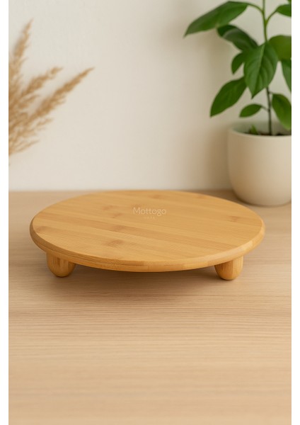 Yuvarlak Bambu Sunum Tabağı - Ayaklı Sunumluk Kek Kurabiye Pasta Servis Sunum Standı 27 cm modelleri