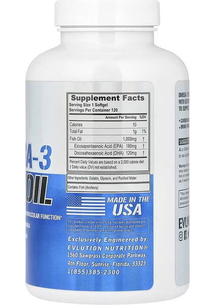 Triple Strength Omega 3 Fish Oil EPA DHA Supports Brain 120 Softgels fiyatları