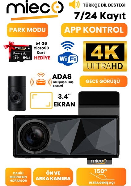 A11 Wifi/ 4K Uhd/ 150° Ultra Geniş Açı/ Gps/ Adas/ Ön+Arka Araç Kamerası (2025)+HAFIZA KARTI HEDIYE