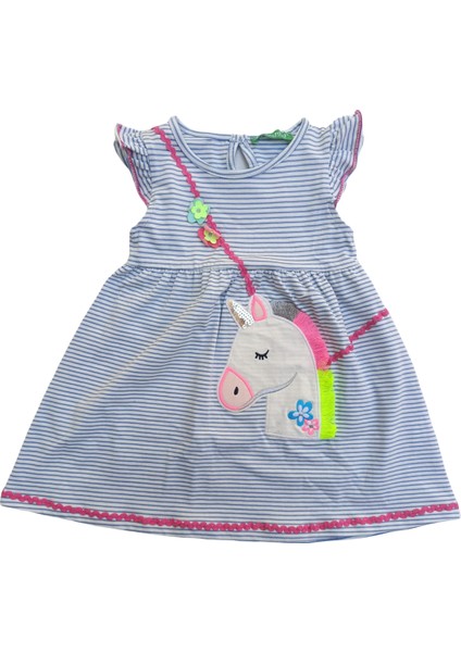 Kız Çocuk Unicorn Baskılı Çizgili Beyaz Mavi Elbise – Yumuşak ve Rahat Pamuklu Kumaş