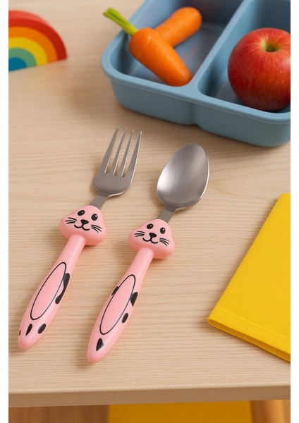 Tavşan Figürlü Çocuk Çatal Kaşık Seti Paslanmaz Çelik Bebek Çatal Kaşık Set