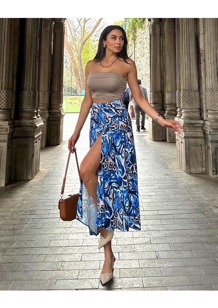 Tropikal Esintili Yırtmaç Detaylı Desenli Etek 36
