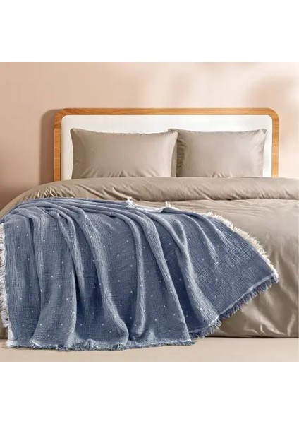 %100 Pamuk Müslin Yatak Örtüsü 220X240 cm Mavi - Glen Serisi
