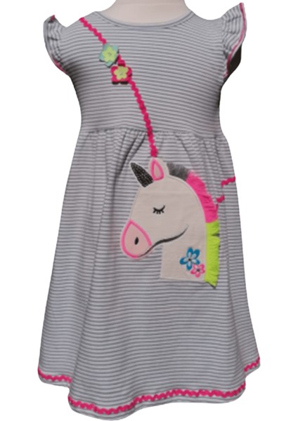 Kız Çocuk Unicorn Baskılı Çizgili Beyaz Mavi Elbise – Yumuşak ve Rahat Pamuklu Kumaş modelleri