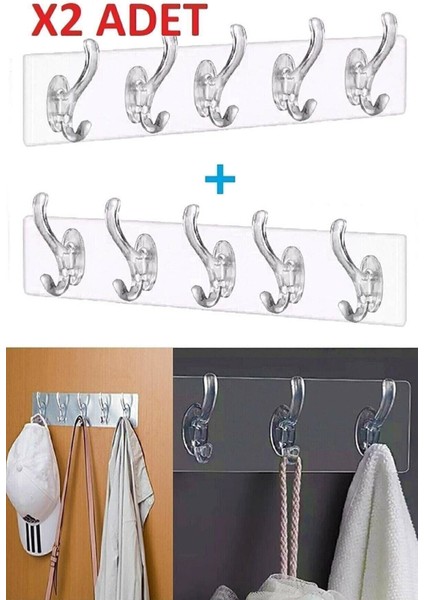 2 Adet Silikonlu 5'li 29*7 Şeffaf Güçlü Kendinden Yapışkanlı Kapı Duvar Askı Askısı Ağır Yük Taşıma