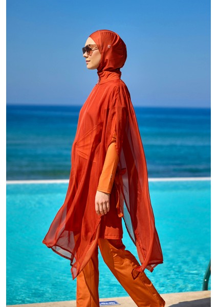 Koyu Turuncu Kimono – Tesettür Plaj Kimonosu | Hafif, Dökümlü ve Tam Boy Tasarım P2516-2