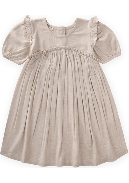 Robadan Fırfır Büzgülü Poplin Elbise 2-7 Yaş Naturel