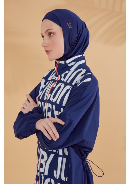Paraşüt Harfli Lacivert Tam Kapalı Tesettür Mayo M2301-1