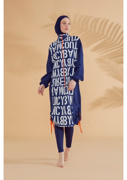 Paraşüt Harfli Lacivert Tam Kapalı Tesettür Mayo M2301-1