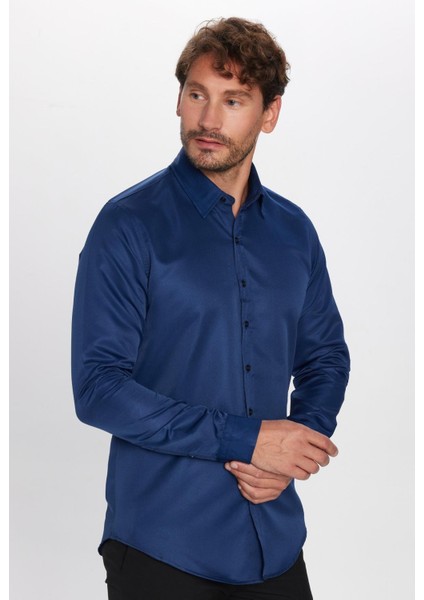 Slim Fit Uzun Kollu Kolay Ütü Teri Emen Nefes Alan Doku Kravatlık Dört Mevsim Lacivert Erkek Gömlek