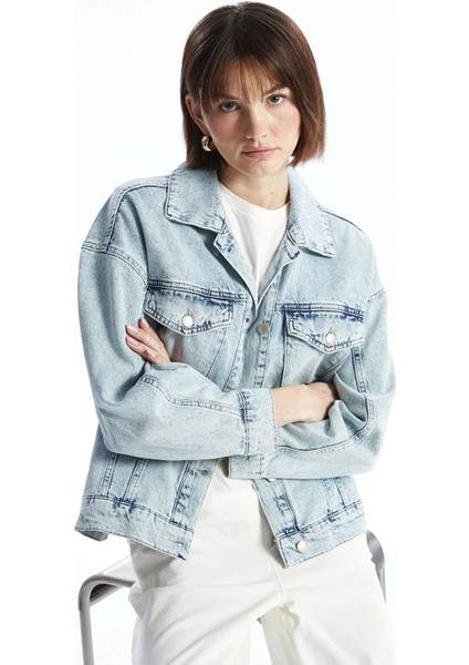 Lcw Vision Indigo Gömlek Yaka Oversize Kadın Jean Ceket