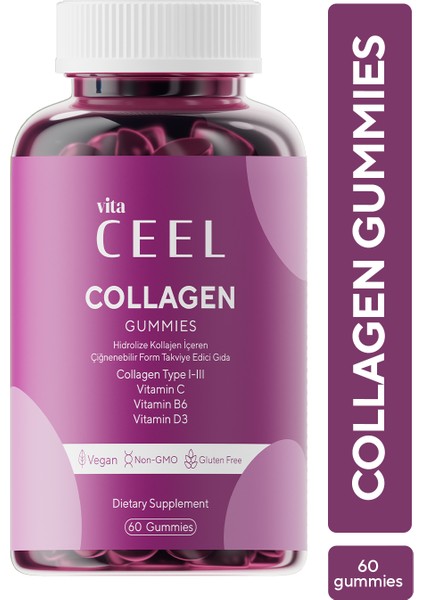 Kollajen Çiğnenebilir Gummy, Tip,1-3, Vitamin C, Vitamin B6, Vitamin D3