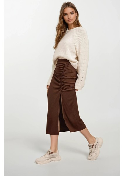 Kadın Kahverengi Yırtmaçlı Uzun Etek HZL22S-BD118801 fırsatları