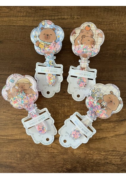 1 Adet Kız Çocuk Capybara Tarak Saç Fırçası Içi Yıldız Midye Simli Pullu Çiçek Şeklinde Kapibara