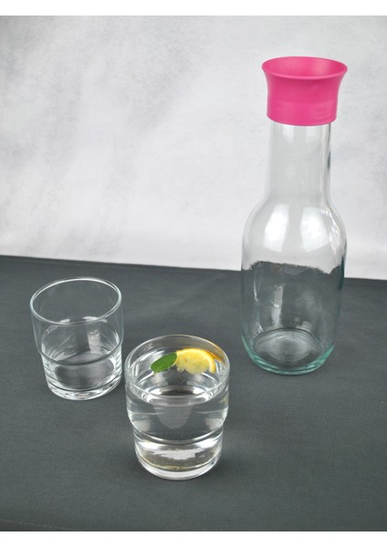 Cam Sürahi Seti Detoks Kapaklı 1 Litre Sürahi ve 2 Adet Paşabahçe Cam Bardak-Pembe