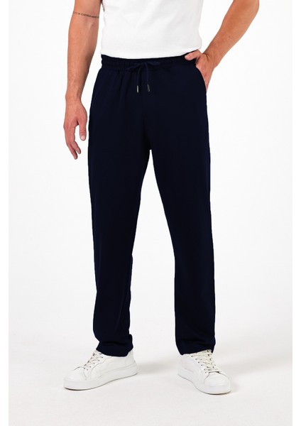Erkek Lacivert Baggy Düz Paça Bol Kesim Yazlık Rahat Pamuklu Eşofman Altı RF0385