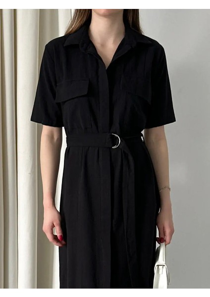 Kuşaklı Filam Elbise Siyah