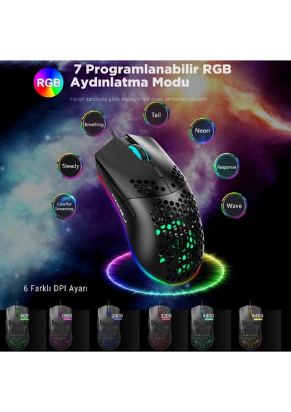 J900 Kablolu 6400 Dpı Rgb Oyuncu Mouse