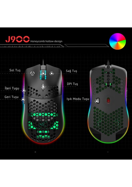 J900 Kablolu 6400 Dpı Rgb Oyuncu Mouse
