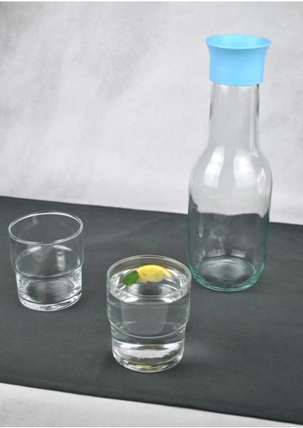 Cam Sürahi Seti Detoks Kapaklı 1 Litre Sürahi ve 2 Adet Paşabahçe Cam Bardak-Mavi