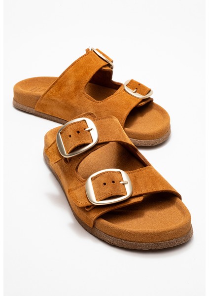 Ovesta Taba Süet Hakiki Deri Çift Bantlı Kadın Terlik