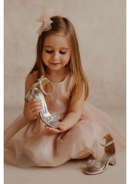 Kız Çocuk Abiye Ayakkabı Şeffaf Ökçe Çiçek Taşlı Detaylı Kalın Topuklu