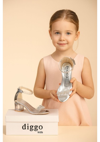 Kız Çocuk Abiye Ayakkabı Şeffaf Ökçe Çiçek Taşlı Detaylı Kalın Topuklu modelleri